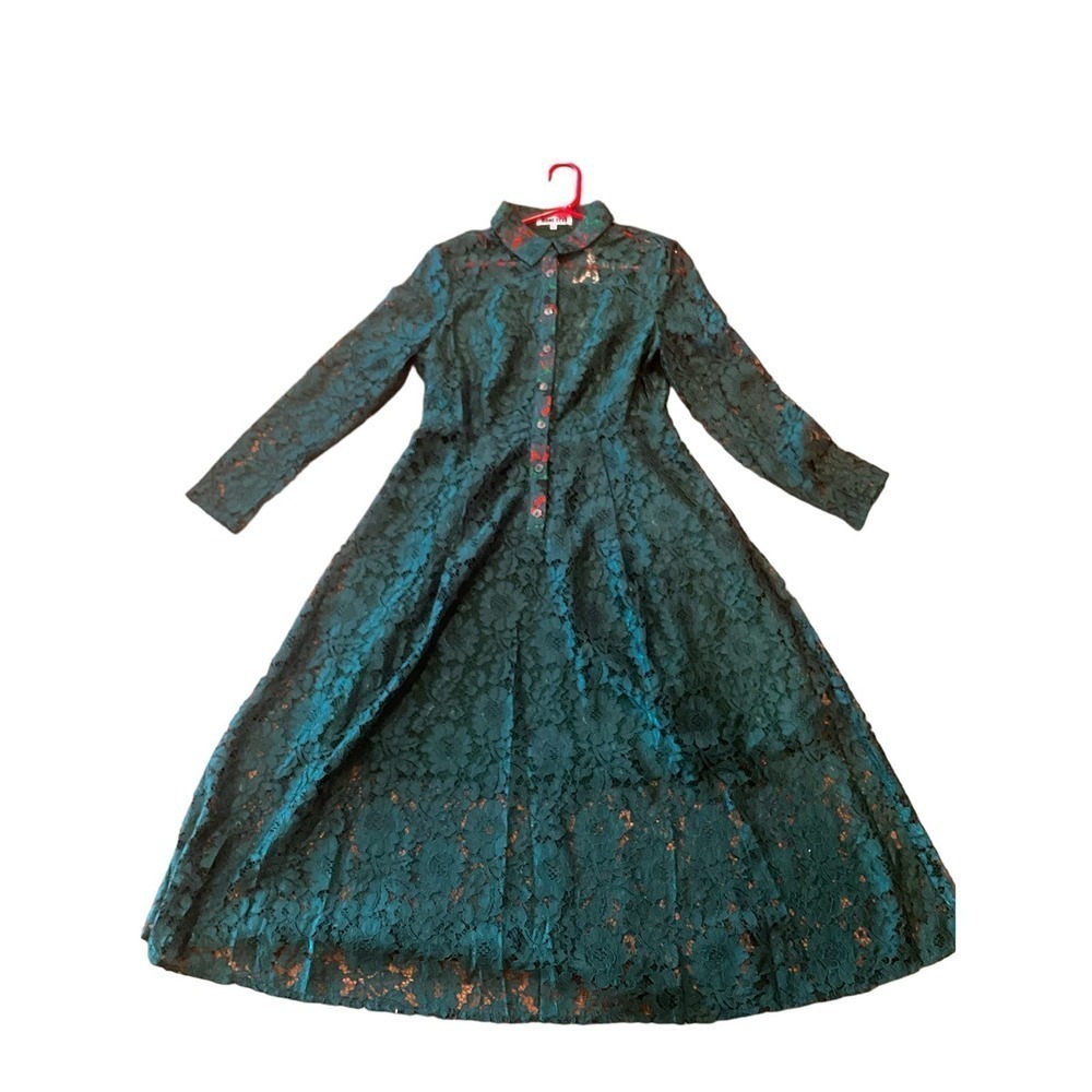 Hone Year Mini Shirt Dress Women's XL Green Floral Lace Lined Cotton Blend